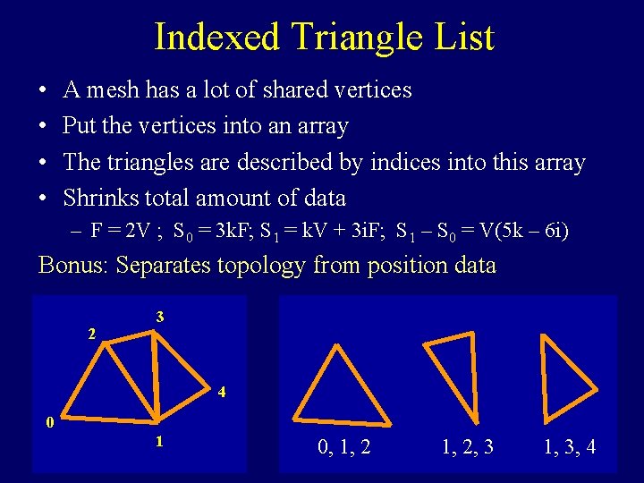 Indexed Triangle List • • A mesh has a lot of shared vertices Put