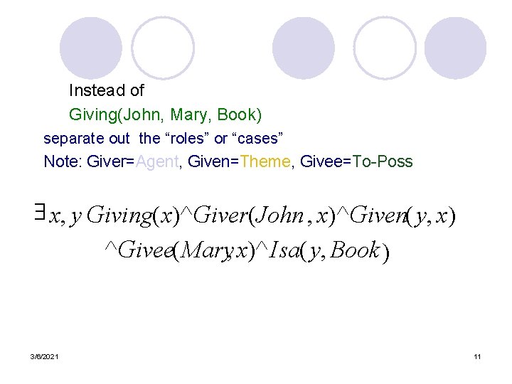 Instead of Giving(John, Mary, Book) separate out the “roles” or “cases” Note: Giver=Agent, Given=Theme,