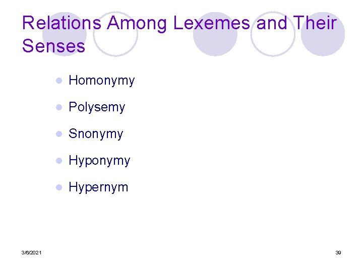 Relations Among Lexemes and Their Senses 3/6/2021 l Homonymy l Polysemy l Snonymy l
