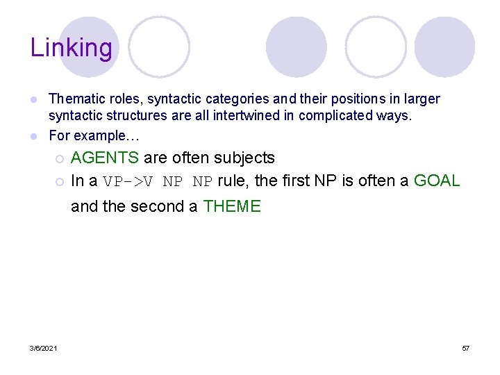 Linking Thematic roles, syntactic categories and their positions in larger syntactic structures are all