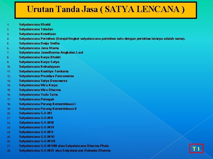 Urutan Tanda Jasa ( SATYA LENCANA ) 1. 2. 3. 4. 5. 6. 7.