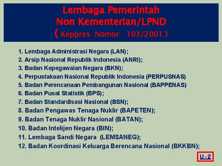 Lembaga Pemerintah Non Kementerian/LPND ( Keppres Nomor : 103/2001 ) 1. Lembaga Administrasi Negara