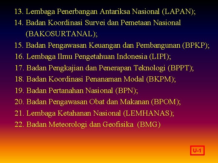 13. Lembaga Penerbangan Antariksa Nasional (LAPAN); 14. Badan Koordinasi Survei dan Pemetaan Nasional (BAKOSURTANAL);