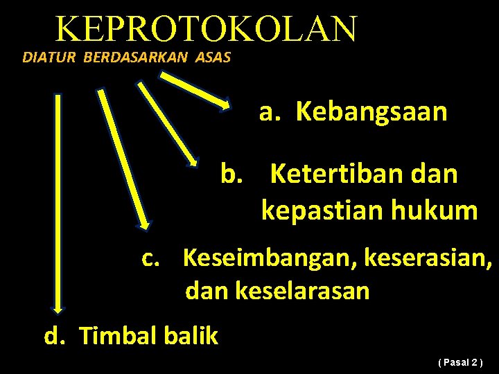 KEPROTOKOLAN DIATUR BERDASARKAN ASAS a. Kebangsaan b. Ketertiban dan kepastian hukum c. Keseimbangan, keserasian,