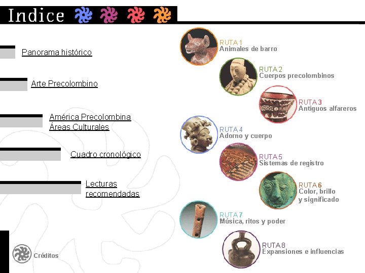 Panorama histórico RUTA 1 Animales de barro RUTA 2 Cuerpos precolombinos Arte Precolombino RUTA