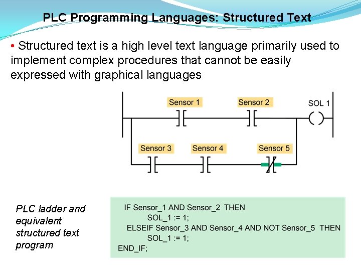 PLC Programming Languages: Structured Text • Structured text is a high level text language PLC Programming Languages: Structured Text • Structured text is a high level text language