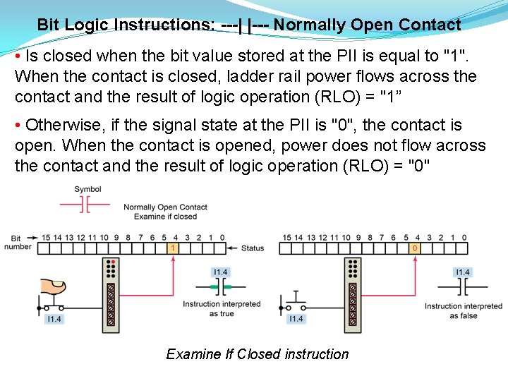 Bit Logic Instructions: ---| |--- Normally Open Contact • Is closed when the bit