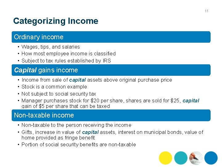 11 Categorizing Income Ordinary income • Wages, tips, and salaries • How most employee