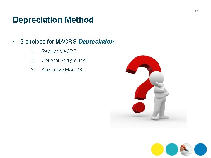 37 Depreciation Method • 3 choices for MACRS Depreciation 1. Regular MACRS 2. Optional