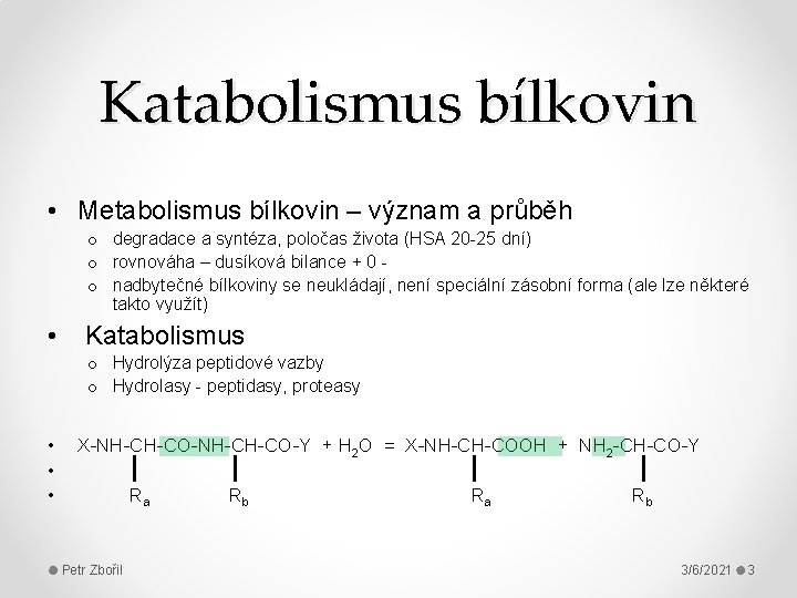 Katabolismus bílkovin • Metabolismus bílkovin – význam a průběh o degradace a syntéza, poločas