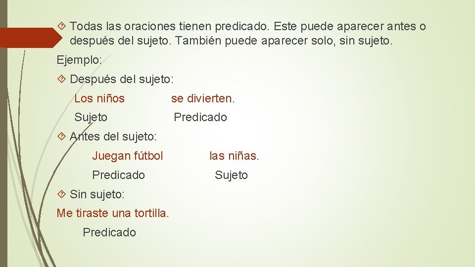  Todas las oraciones tienen predicado. Este puede aparecer antes o después del sujeto.