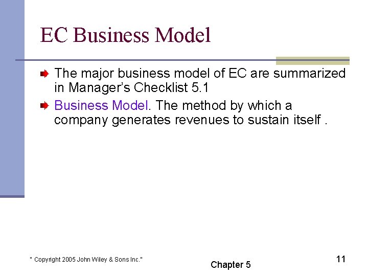 EC Business Model The major business model of EC are summarized in Manager’s Checklist