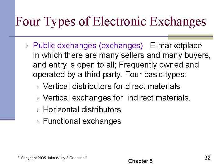 Four Types of Electronic Exchanges Public exchanges (exchanges): E-marketplace in which there are many