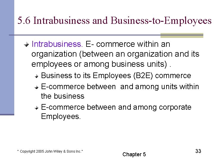 5. 6 Intrabusiness and Business-to-Employees Intrabusiness. E- commerce within an organization (between an organization