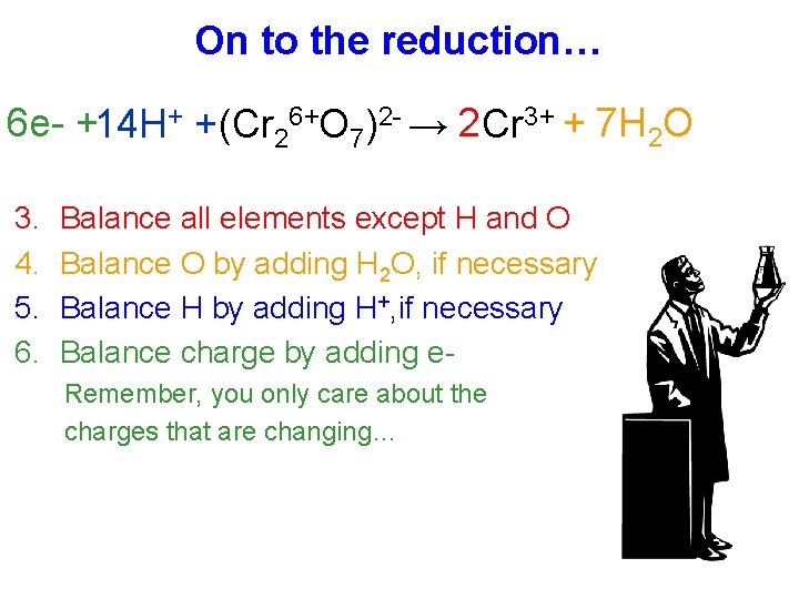 On to the reduction… 6 e- +14 H+ + (Cr 26+O 7)2 - →