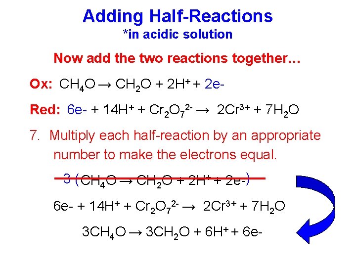 Adding Half-Reactions *in acidic solution Now add the two reactions together… Ox: CH 4