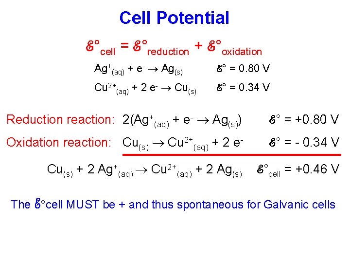 Cell Potential ℰ°cell = ℰ°reduction + ℰ°oxidation Ag+(aq) + e- Ag(s) ℰ° = 0.
