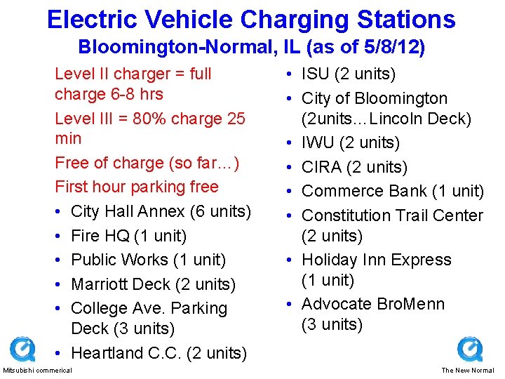 Electric Vehicle Charging Stations Bloomington-Normal, IL (as of 5/8/12) Level II charger = full