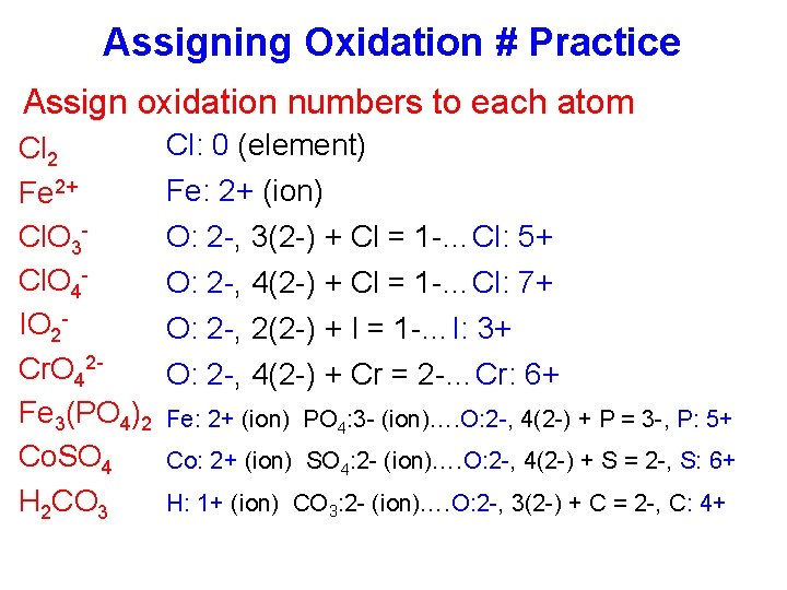 Assigning Oxidation # Practice Assign oxidation numbers to each atom Cl 2 Fe 2+