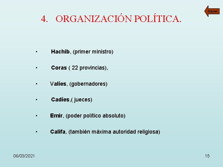 Esquema 4. ORGANIZACIÓN POLÍTICA. • Hachib, (primer ministro) 06/03/2021 • Coras ( 22 provincias),