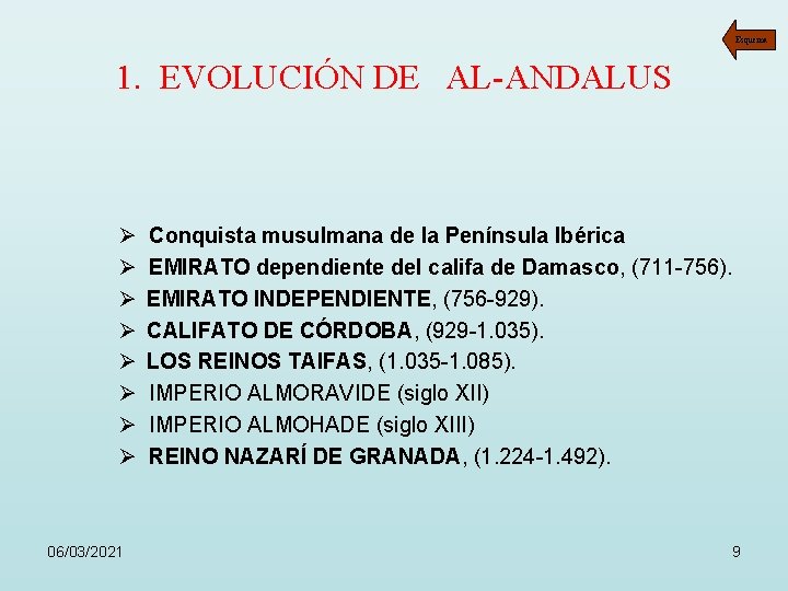 Esquema 1. EVOLUCIÓN DE AL-ANDALUS Ø Conquista musulmana de la Península Ibérica Ø EMIRATO