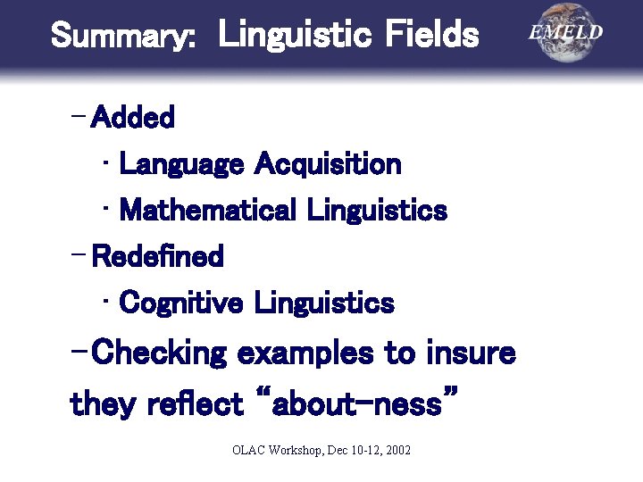 Summary: Linguistic Fields – Added • Language Acquisition • Mathematical Linguistics – Redefined •