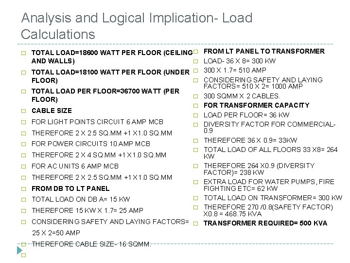 Analysis and Logical Implication- Load Calculations TOTAL LOAD=18600 WATT PER FLOOR (CEILING� FROM LT