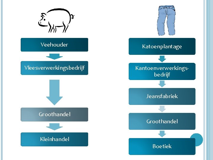 Veehouder Katoenplantage Vleesverwerkingsbedrijf Kantoenverwerkingsbedrijf Jeansfabriek Groothandel Kleinhandel Groothandel Boetiek 