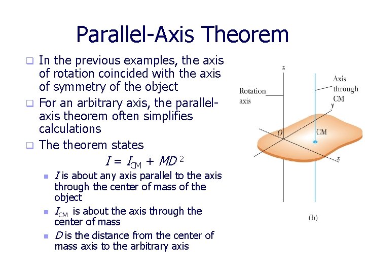Parallel-Axis Theorem In the previous examples, the axis of rotation coincided with the axis