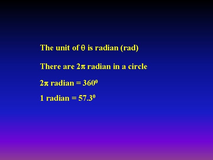 The unit of is radian (rad) There are 2 radian in a circle 2