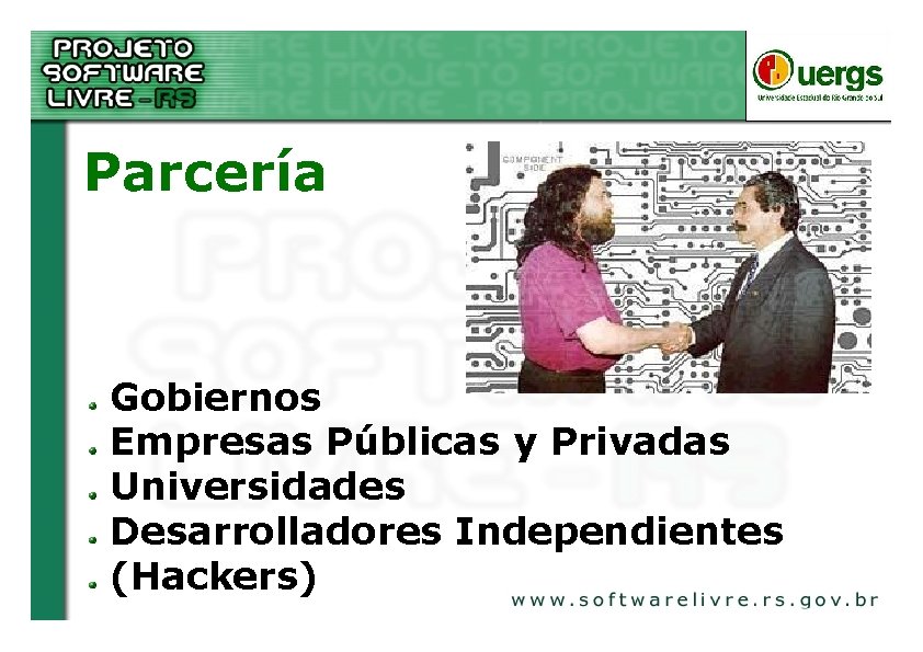 Parcería Gobiernos Empresas Públicas y Privadas Universidades Desarrolladores Independientes (Hackers) 