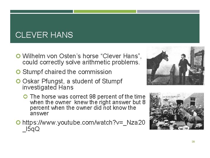 CLEVER HANS Wilhelm von Osten’s horse “Clever Hans”, could correctly solve arithmetic problems. Stumpf