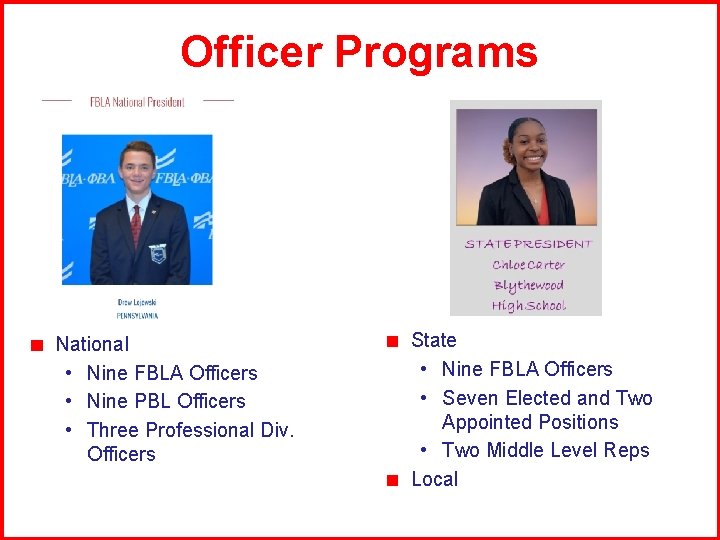 Officer Programs National • Nine FBLA Officers • Nine PBL Officers • Three Professional