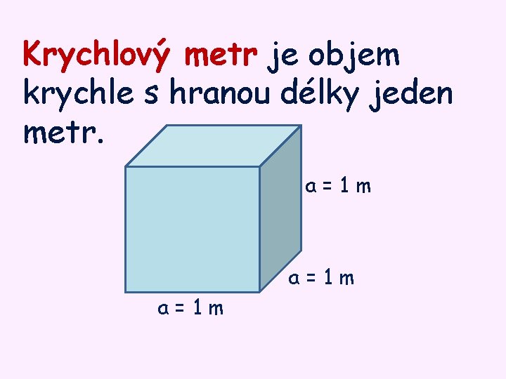 Krychlový metr je objem krychle s hranou délky jeden metr. a=1 m 