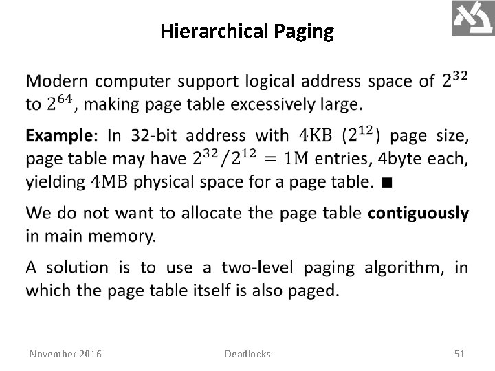 Hierarchical Paging November 2016 Deadlocks 51 