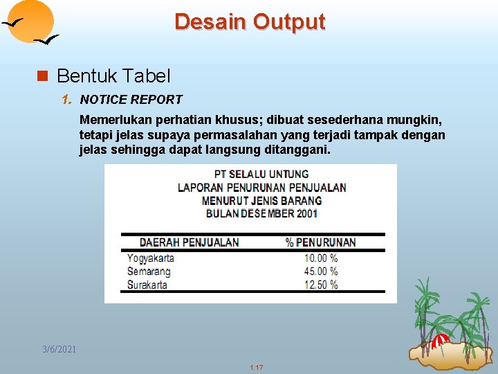 Desain Output n Bentuk Tabel 1. NOTICE REPORT Memerlukan perhatian khusus; dibuat sesederhana mungkin,