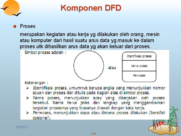 Komponen DFD n Proses merupakan kegiatan atau kerja yg dilakukan oleh orang, mesin atau