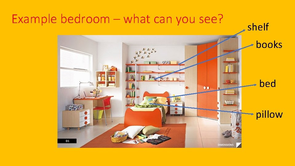 Example bedroom – what can you see? shelf books bed pillow 
