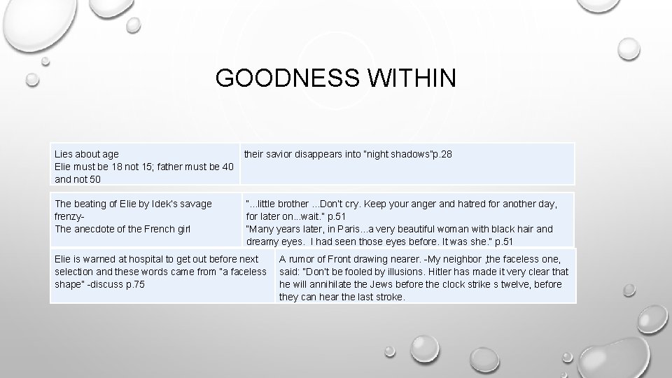 GOODNESS WITHIN Lies about age their savior disappears into “night shadows”p. 28 Elie must