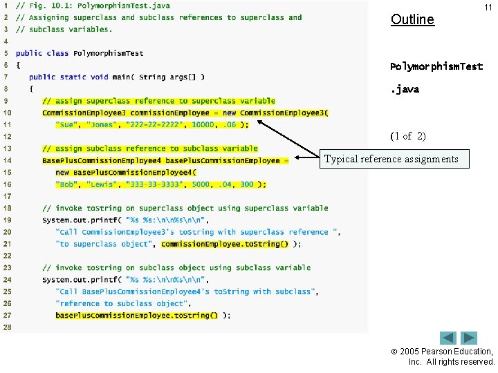 Outline 11 Polymorphism. Test. java (1 of 2) Typical reference assignments 2005 Pearson Education,