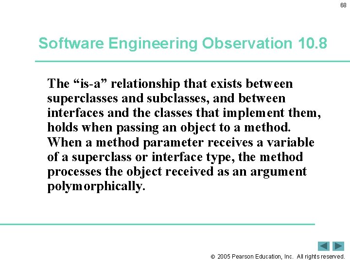 68 Software Engineering Observation 10. 8 The “is-a” relationship that exists between superclasses and