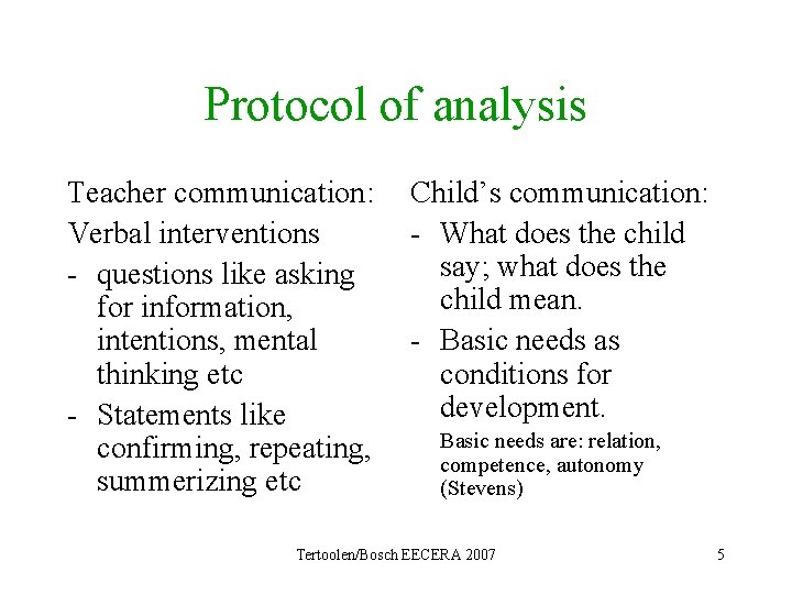 Protocol of analysis Teacher communication: Verbal interventions - questions like asking for information, intentions,