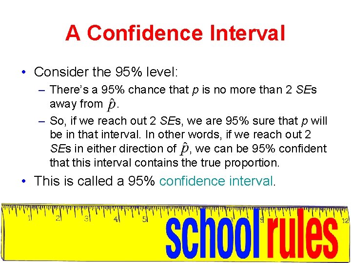 A Confidence Interval • Consider the 95% level: – There’s a 95% chance that