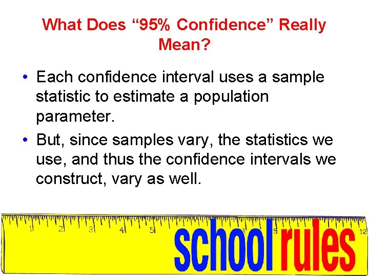 What Does “ 95% Confidence” Really Mean? • Each confidence interval uses a sample