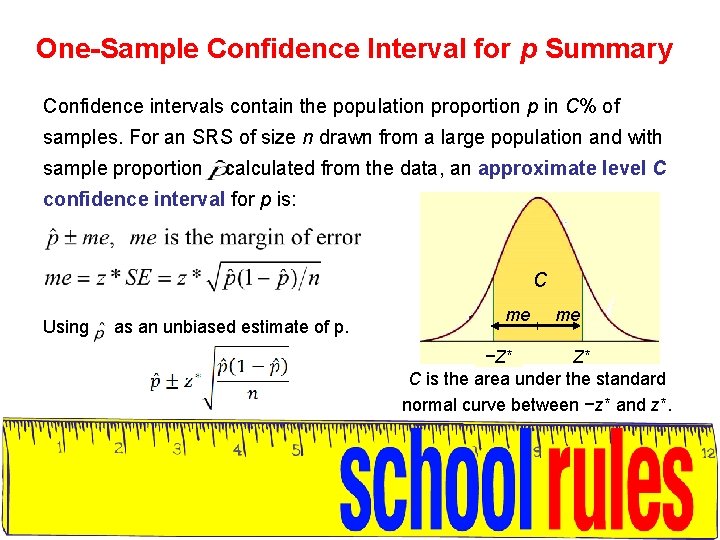 One-Sample Confidence Interval for p Summary Confidence intervals contain the population proportion p in