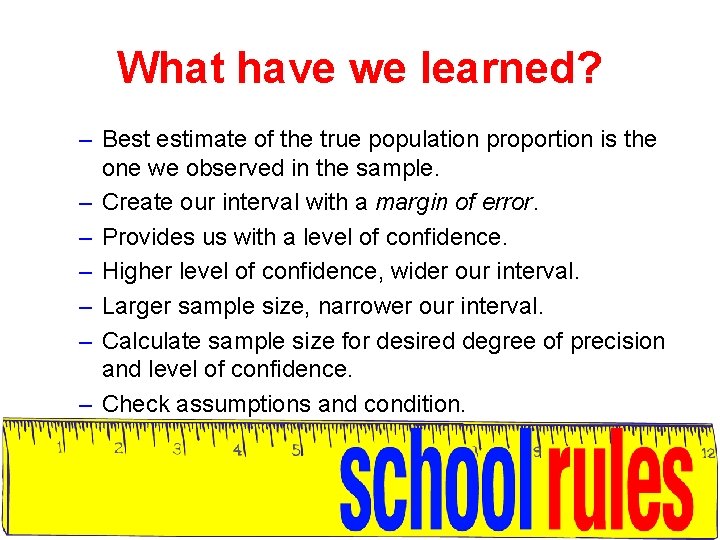 What have we learned? – Best estimate of the true population proportion is the