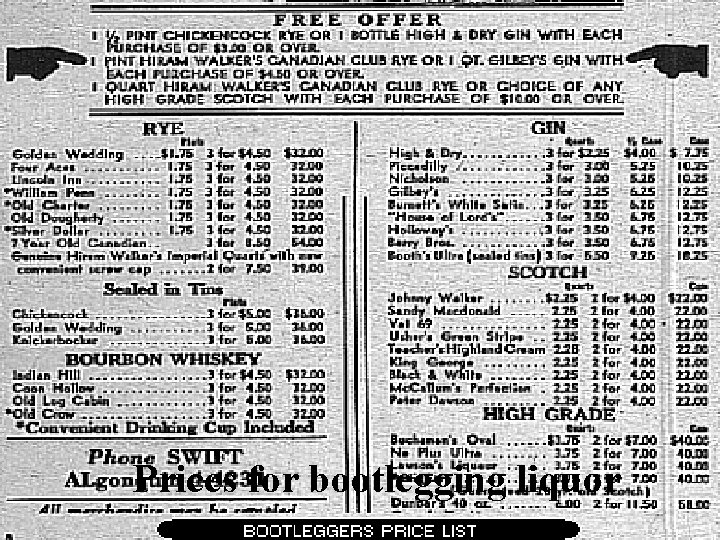 Prices for bootlegging liquor 