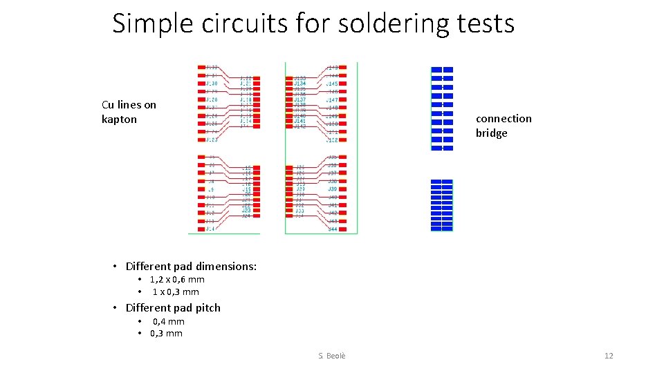 Simple circuits for soldering tests Cu lines on kapton connection bridge • Different pad