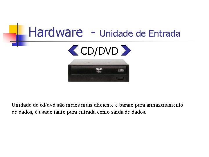 Hardware - Unidade de Entrada CD/DVD Unidade de cd/dvd são meios mais eficiente e