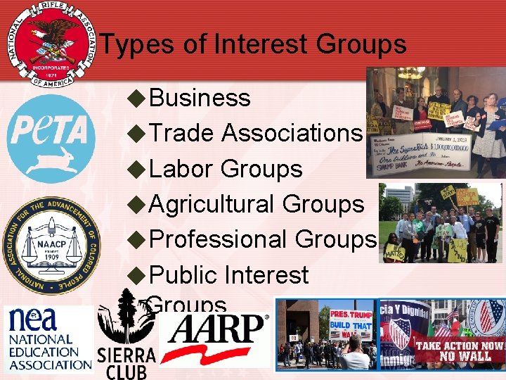 Types of Interest Groups ◆Business ◆Trade Associations ◆Labor Groups ◆Agricultural Groups ◆Professional Groups ◆Public